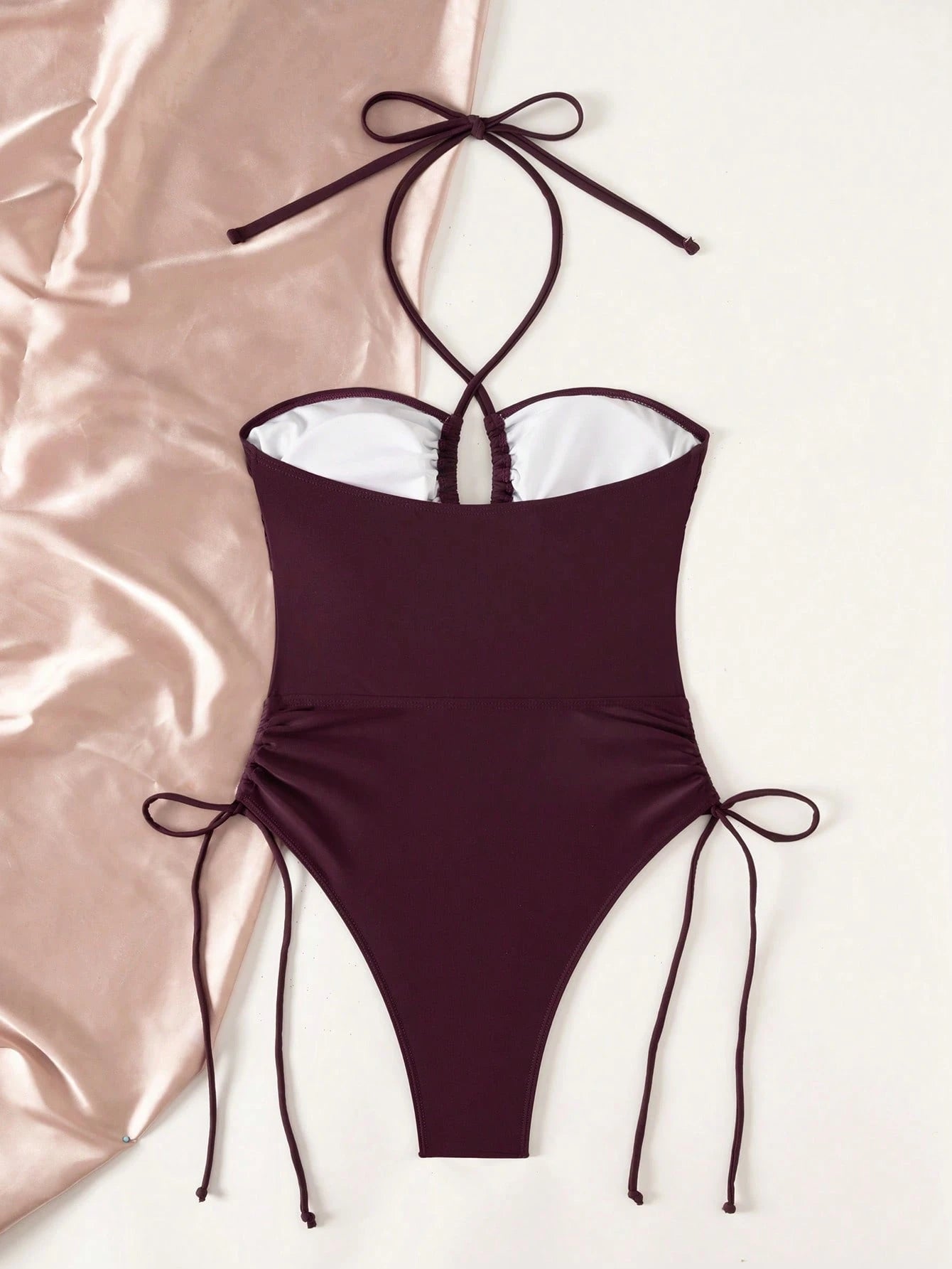 Bonvoyette Glossy Purple Drawstring Halter Hollow Circle Decor Casual Backless One-Piece Swimsuit For Women Beach Vacation Summer