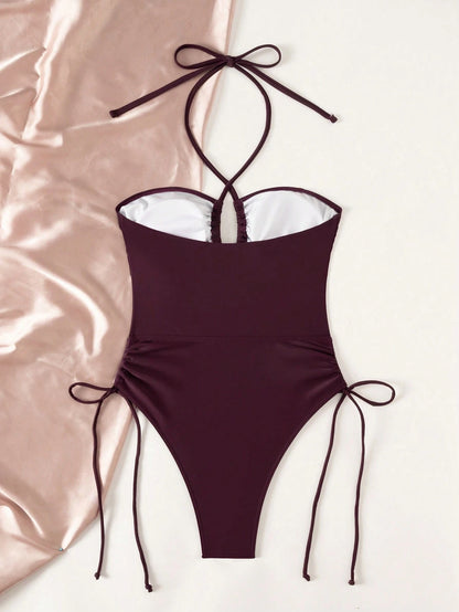Bonvoyette Glossy Purple Drawstring Halter Hollow Circle Decor Casual Backless One-Piece Swimsuit For Women Beach Vacation Summer