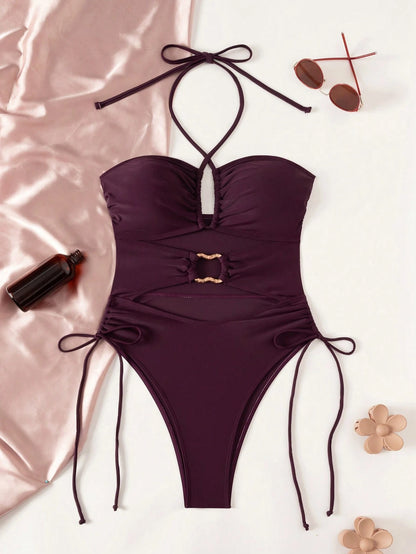 Bonvoyette Glossy Purple Drawstring Halter Hollow Circle Decor Casual Backless One-Piece Swimsuit For Women Beach Vacation Summer
