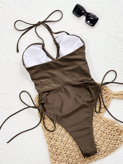 Bonvoyette Glossy Purple Drawstring Halter Hollow Circle Decor Casual Backless One-Piece Swimsuit For Women Beach Vacation Summer
