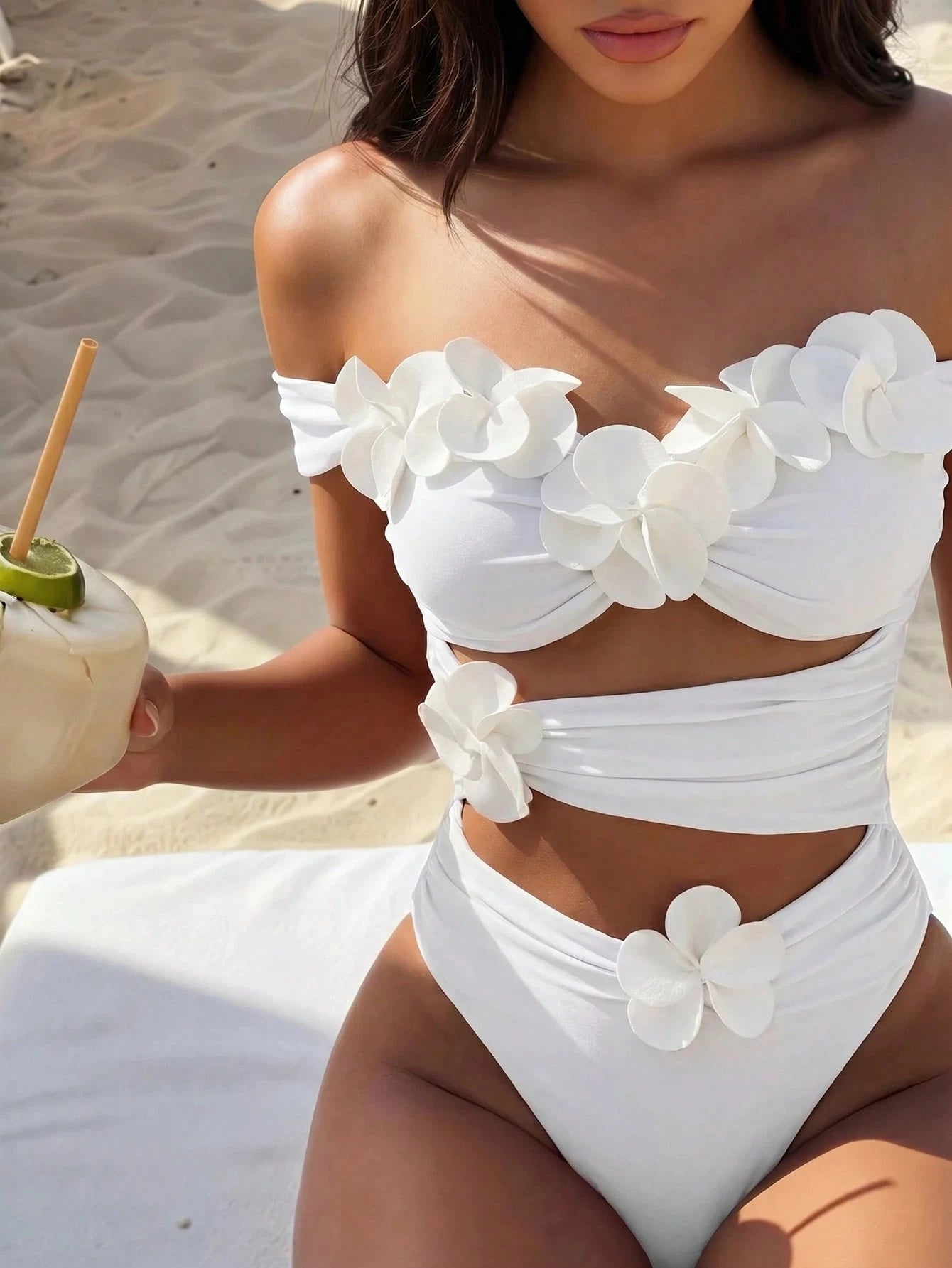 Bonvoyette New Spring Summer Viral 3D Floral Hollow Out Off-Shoulder White Fashionable One-Piece Women's Beach Vacation Swimsuit