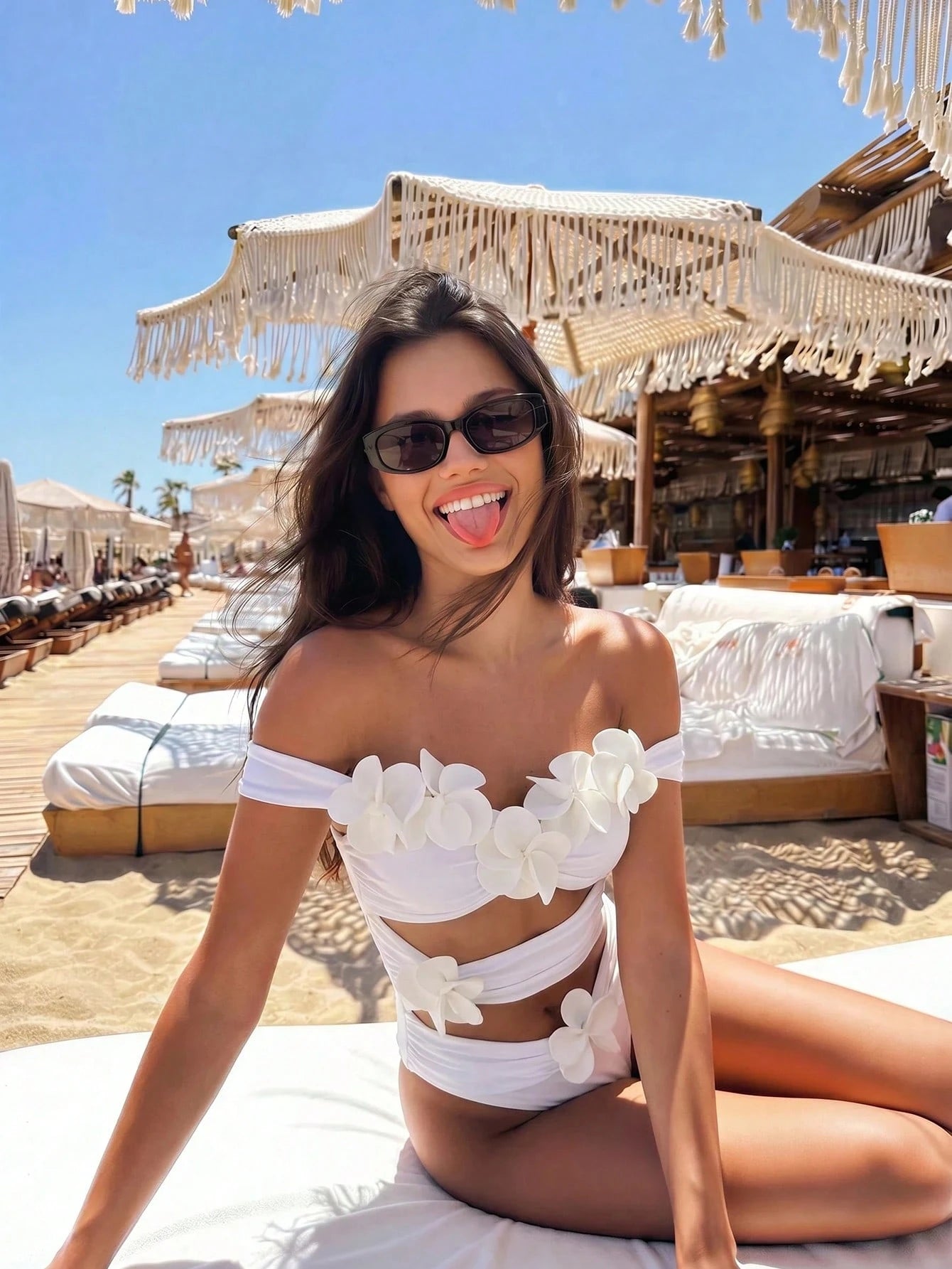 Bonvoyette New Spring Summer Viral 3D Floral Hollow Out Off-Shoulder White Fashionable One-Piece Women's Beach Vacation Swimsuit