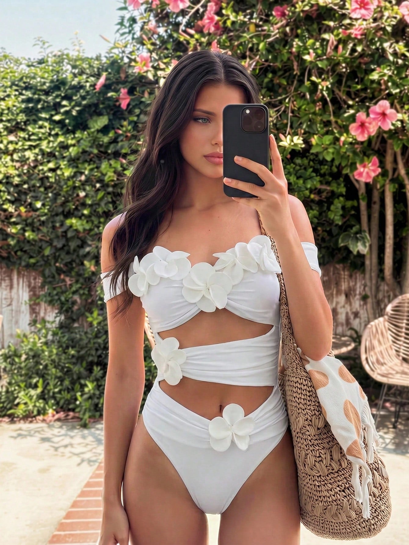 Bonvoyette New Spring Summer Viral 3D Floral Hollow Out Off-Shoulder White Fashionable One-Piece Women's Beach Vacation Swimsuit