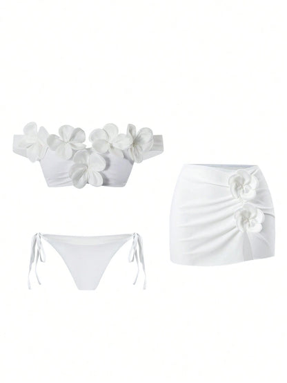 Bonvoyette New Women's White Bikini Set For Beach Pool Party Vacation Holiday, Halter Casual Elegant Swimwear For Beach Date, Spring/Summer