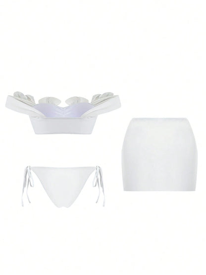 Bonvoyette New Women's White Bikini Set For Beach Pool Party Vacation Holiday, Halter Casual Elegant Swimwear For Beach Date, Spring/Summer