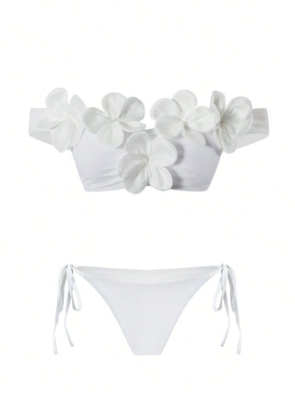 Bonvoyette New Women's White Bikini Set For Beach Pool Party Vacation Holiday, Halter Casual Elegant Swimwear For Beach Date, Spring/Summer