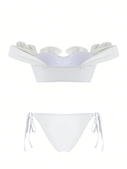 Bonvoyette New Women's White Bikini Set For Beach Pool Party Vacation Holiday, Halter Casual Elegant Swimwear For Beach Date, Spring/Summer