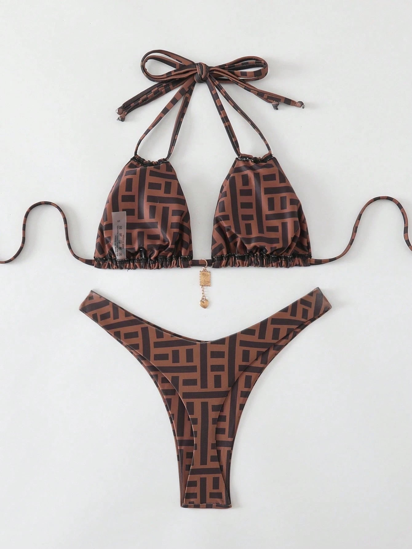Bonvoyette Random Printed Metal Decor Sexy High Cut Women's Bikini Set, Beach Summer Outfits Swim