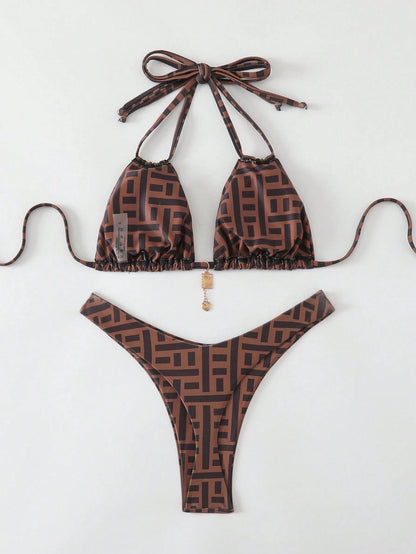 Bonvoyette Random Printed Metal Decor Sexy High Cut Women's Bikini Set, Beach Summer Outfits Swim
