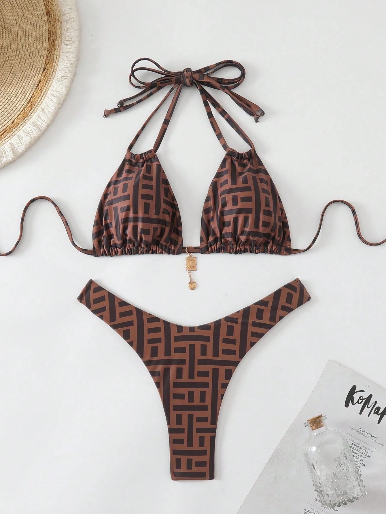 Bonvoyette Random Printed Metal Decor Sexy High Cut Women's Bikini Set, Beach Summer Outfits Swim