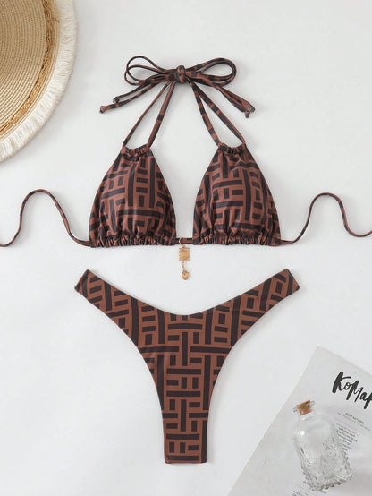 Bonvoyette Random Printed Metal Decor Sexy High Cut Women's Bikini Set, Beach Summer Outfits Swim