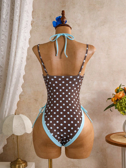 Bonvoyette Sexy Vintage Polka Dot One-Piece Women's Swimsuit, 2 In 1 Tie-Up Backless Vacation Swimsuit, Pure Desire Hot Girl Polka Dot Halter Neck Beach Swimsuit, Summer Vacation Beach Hot Spring Vers