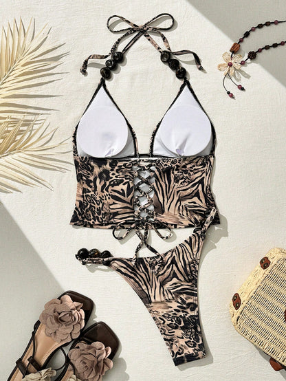 Bonvoyette Shapewave-D Women Leopard & Zebra Print Contrast Color Camisole Bikini Top + High Slit Pants,Beaded Accent, Summer Casual Beach Holiday Vacation