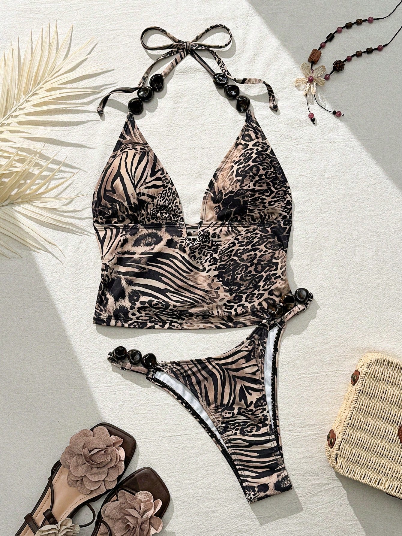 Bonvoyette Shapewave-D Women Leopard & Zebra Print Contrast Color Camisole Bikini Top + High Slit Pants,Beaded Accent, Summer Casual Beach Holiday Vacation