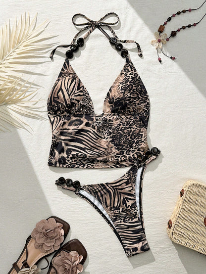 Bonvoyette Shapewave-D Women Leopard & Zebra Print Contrast Color Camisole Bikini Top + High Slit Pants,Beaded Accent, Summer Casual Beach Holiday Vacation