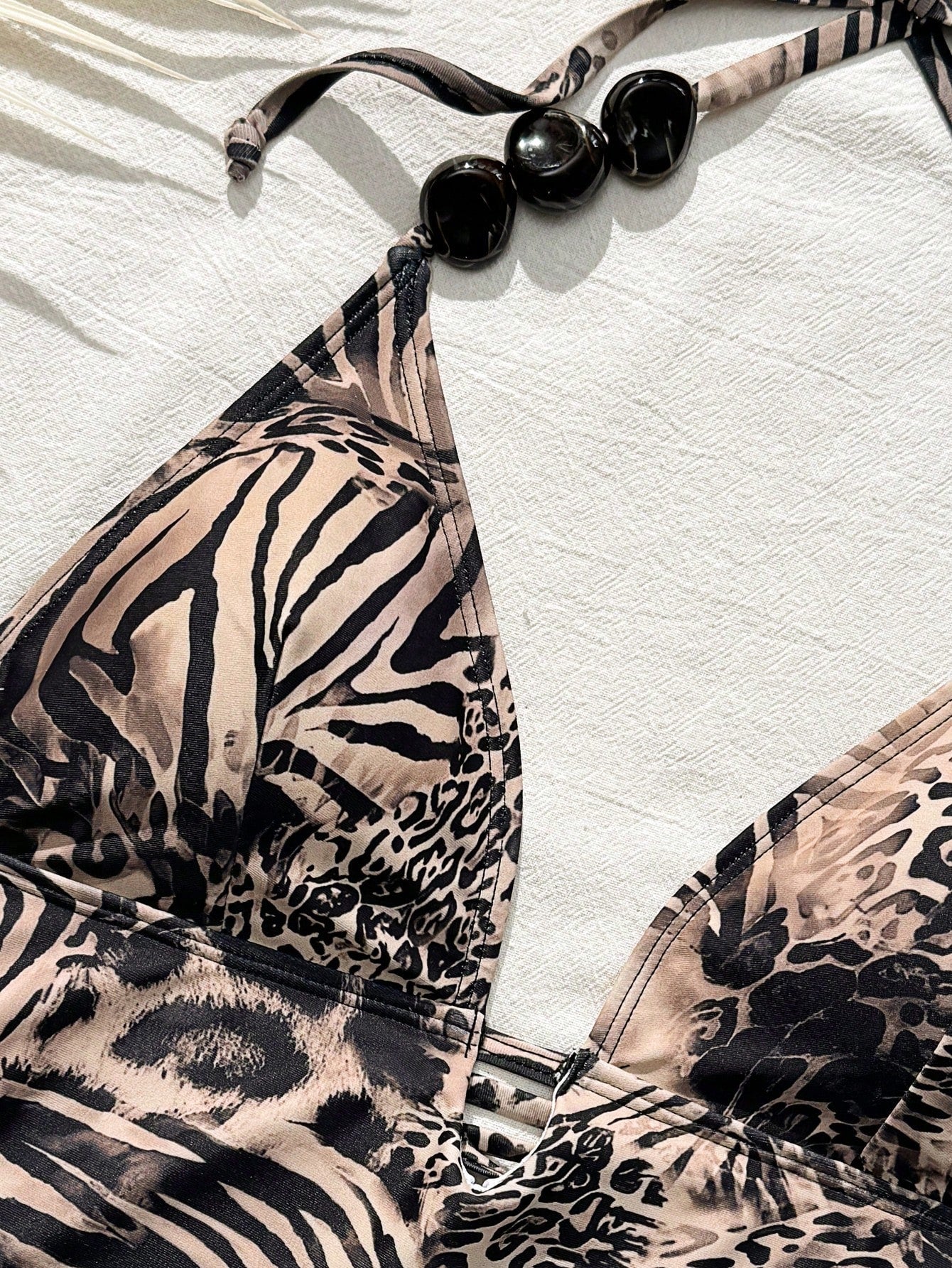 Bonvoyette Shapewave-D Women Leopard & Zebra Print Contrast Color Camisole Bikini Top + High Slit Pants,Beaded Accent, Summer Casual Beach Holiday Vacation