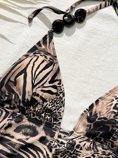 Bonvoyette Shapewave-D Women Leopard & Zebra Print Contrast Color Camisole Bikini Top + High Slit Pants,Beaded Accent, Summer Casual Beach Holiday Vacation
