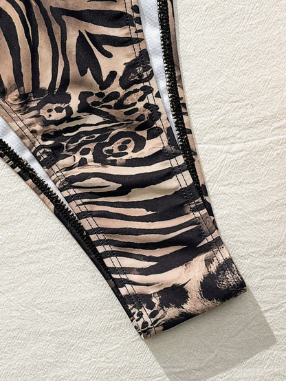 Bonvoyette Shapewave-D Women Leopard & Zebra Print Contrast Color Camisole Bikini Top + High Slit Pants,Beaded Accent, Summer Casual Beach Holiday Vacation