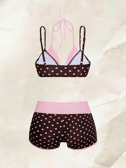 Bonvoyette Spring/Summer New American Retro Pink & Blue Cartoon Dopamine Style Fun Sardine Print Halter Neck Two Pieces Swimsuit Set