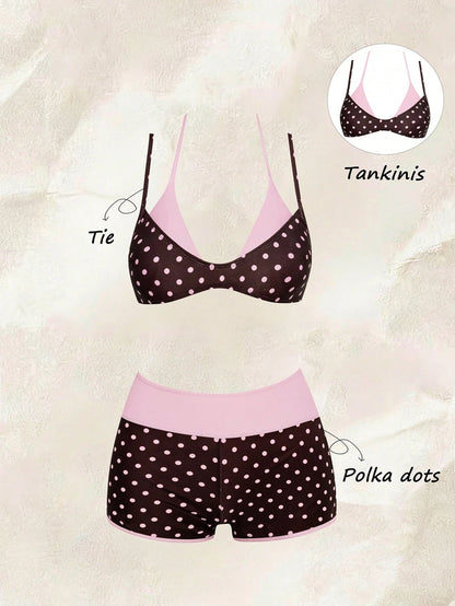 Bonvoyette Spring/Summer New American Retro Pink & Blue Cartoon Dopamine Style Fun Sardine Print Halter Neck Two Pieces Swimsuit Set
