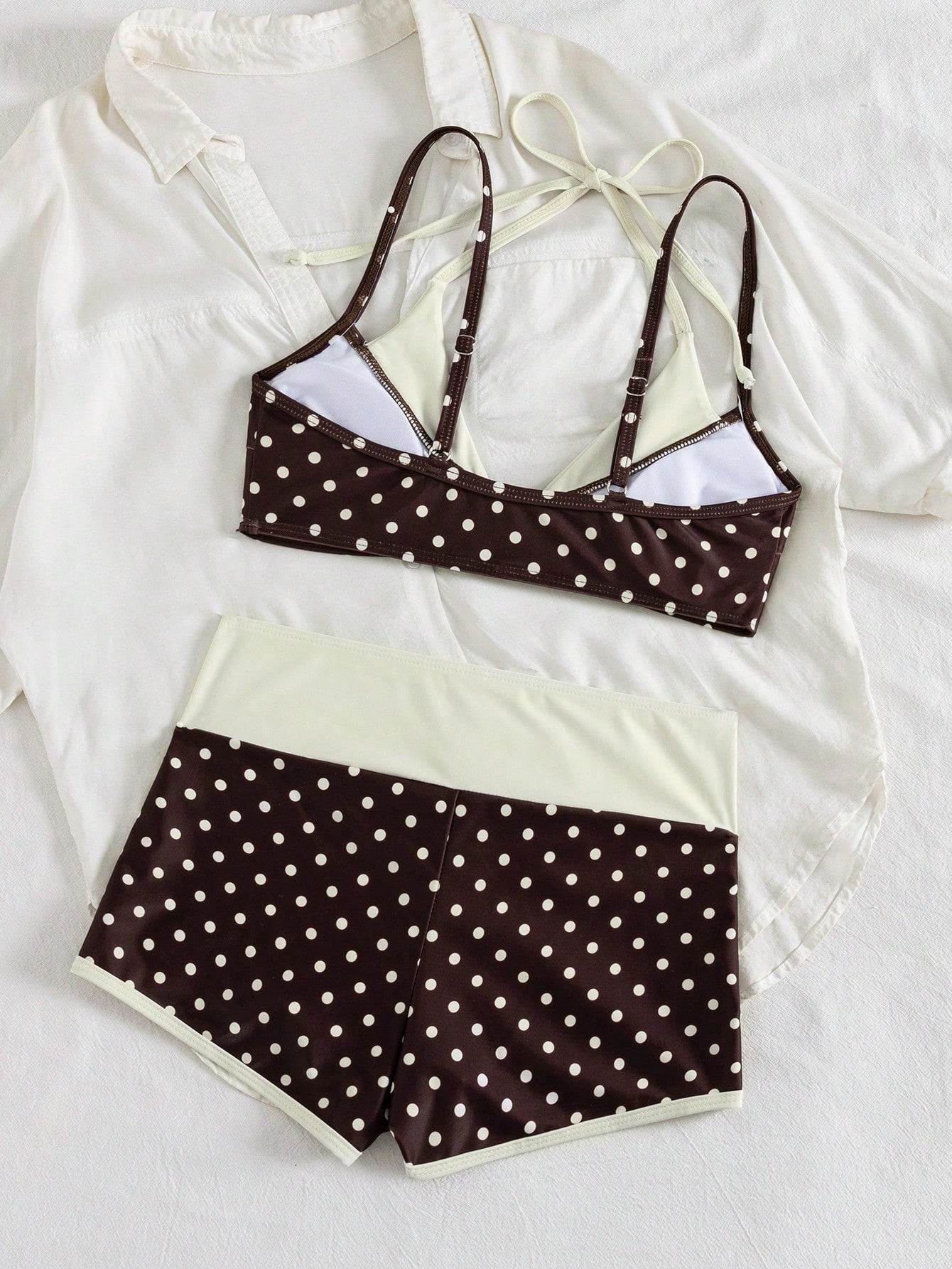 Bonvoyette Spring/Summer New American Retro Pink & Blue Cartoon Dopamine Style Fun Sardine Print Halter Neck Two Pieces Swimsuit Set
