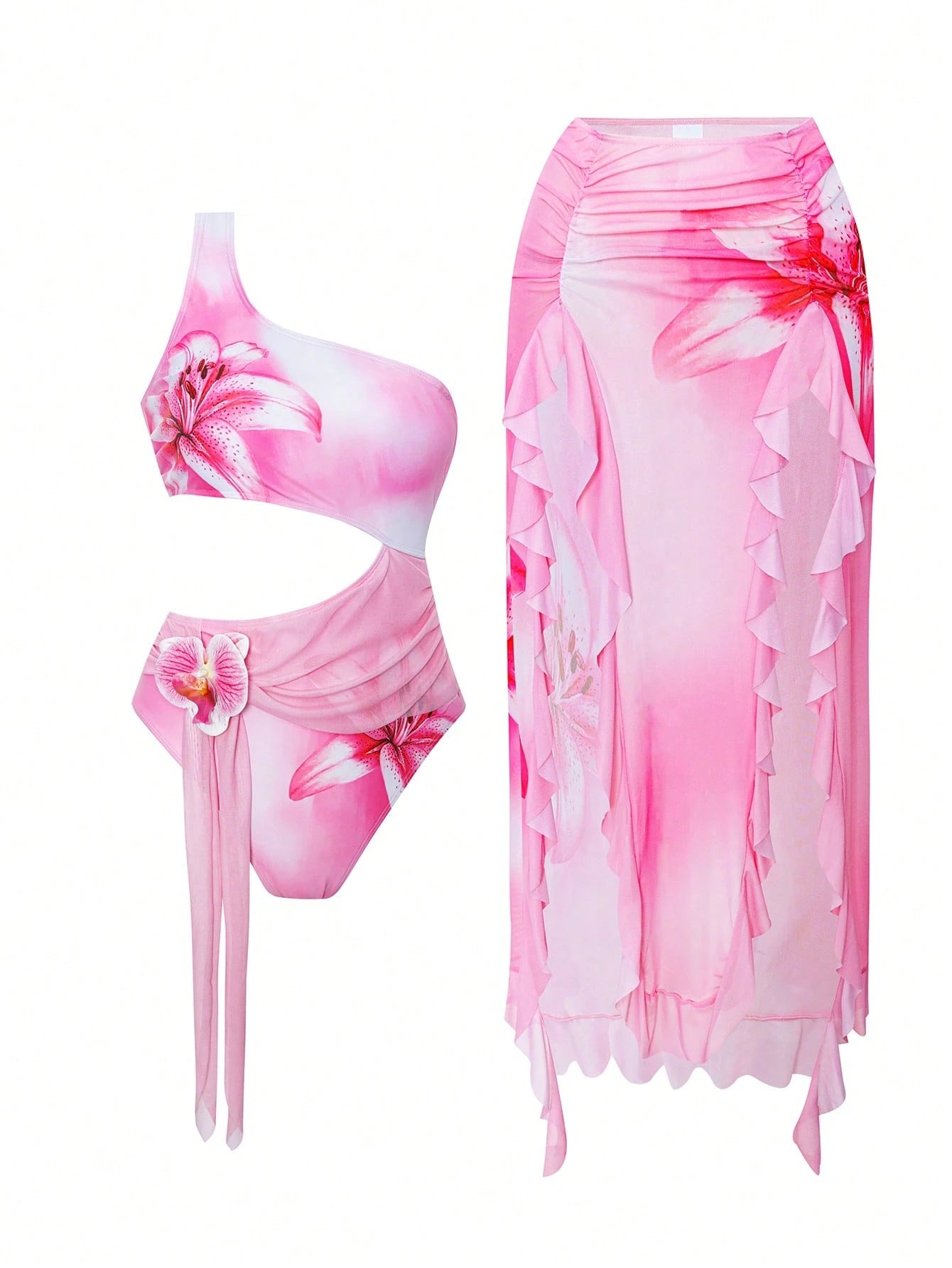 Bonvoyette Summer Springbreak 2pcs Women's Autumn New Floral Print One-Shoulder Long Side Slit Asymmetrical Mesh Skirt Adult Premium Sexy Elegant Vacation Avant-Garde Minimalist One-Piece Swimsuit
