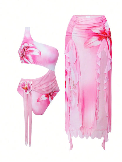 Bonvoyette Summer Springbreak 2pcs Women's Autumn New Floral Print One-Shoulder Long Side Slit Asymmetrical Mesh Skirt Adult Premium Sexy Elegant Vacation Avant-Garde Minimalist One-Piece Swimsuit