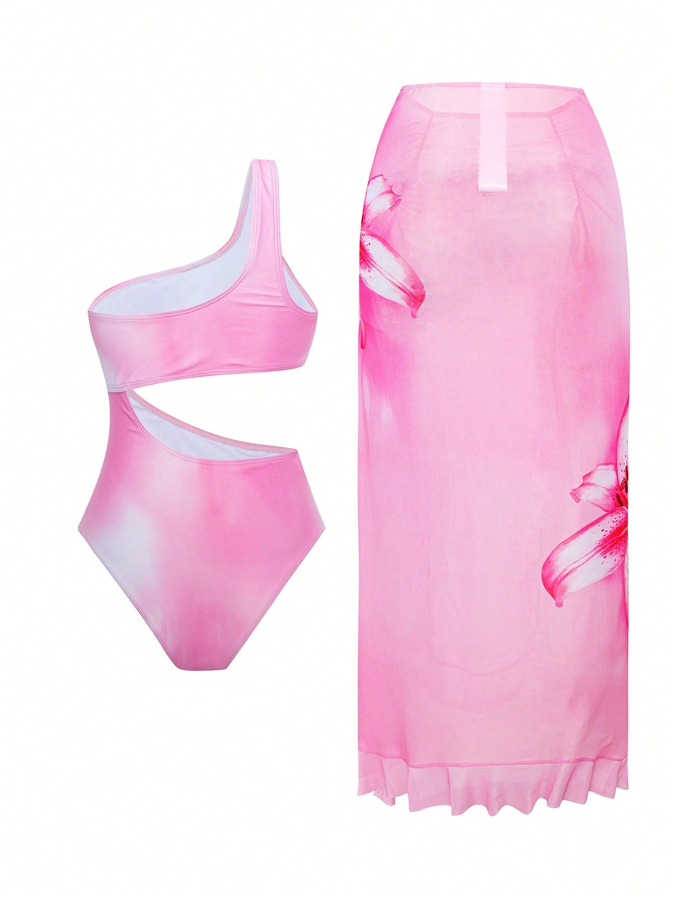 Bonvoyette Summer Springbreak 2pcs Women's Autumn New Floral Print One-Shoulder Long Side Slit Asymmetrical Mesh Skirt Adult Premium Sexy Elegant Vacation Avant-Garde Minimalist One-Piece Swimsuit