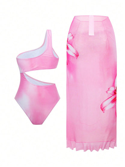 Bonvoyette Summer Springbreak 2pcs Women's Autumn New Floral Print One-Shoulder Long Side Slit Asymmetrical Mesh Skirt Adult Premium Sexy Elegant Vacation Avant-Garde Minimalist One-Piece Swimsuit