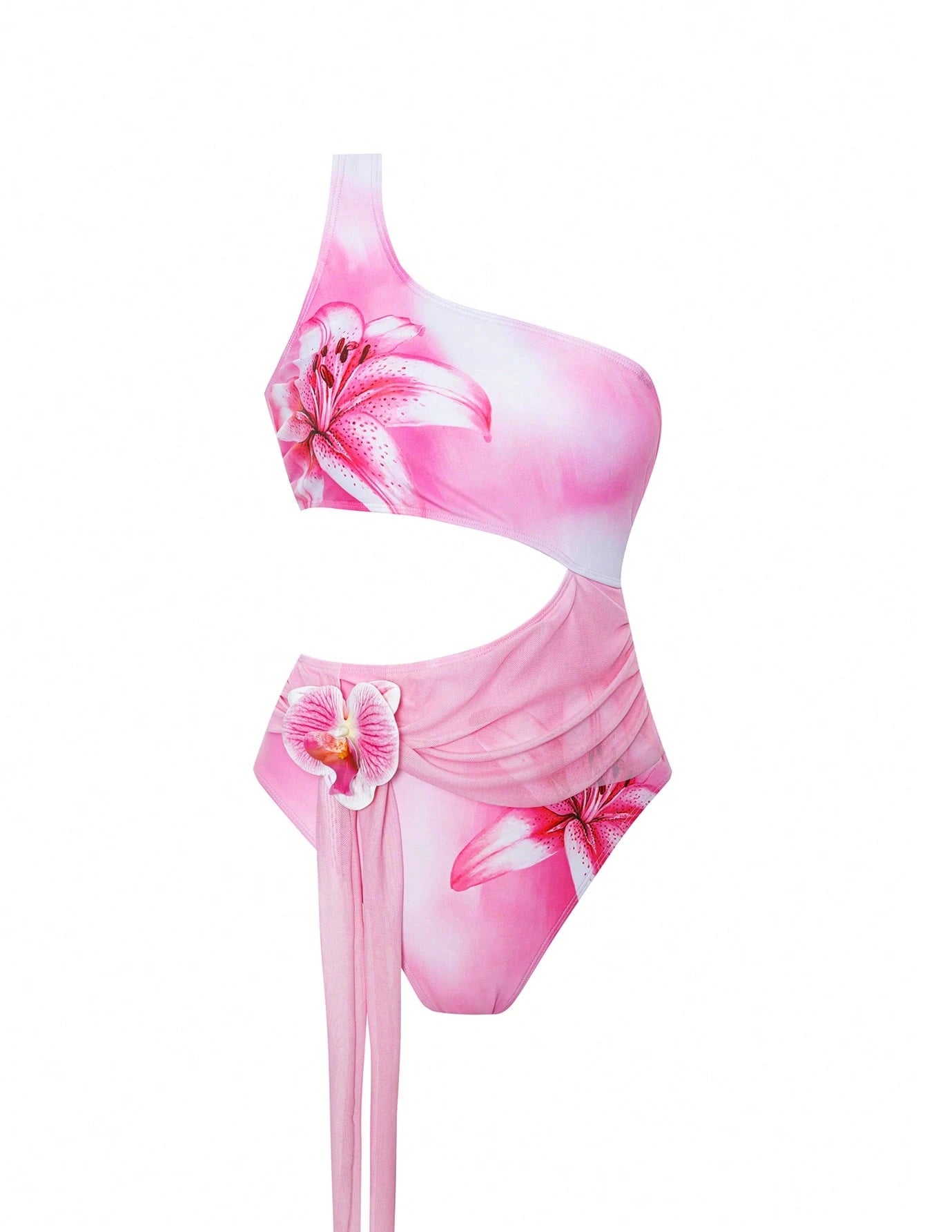Bonvoyette Summer Springbreak 2pcs Women's Autumn New Floral Print One-Shoulder Long Side Slit Asymmetrical Mesh Skirt Adult Premium Sexy Elegant Vacation Avant-Garde Minimalist One-Piece Swimsuit