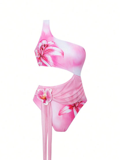 Bonvoyette Summer Springbreak 2pcs Women's Autumn New Floral Print One-Shoulder Long Side Slit Asymmetrical Mesh Skirt Adult Premium Sexy Elegant Vacation Avant-Garde Minimalist One-Piece Swimsuit