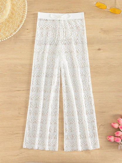 Bonvoyette Summer Women's White High Waist Trousers Beach Hollow Drawstring Waist Sexy Trousers Cover Up