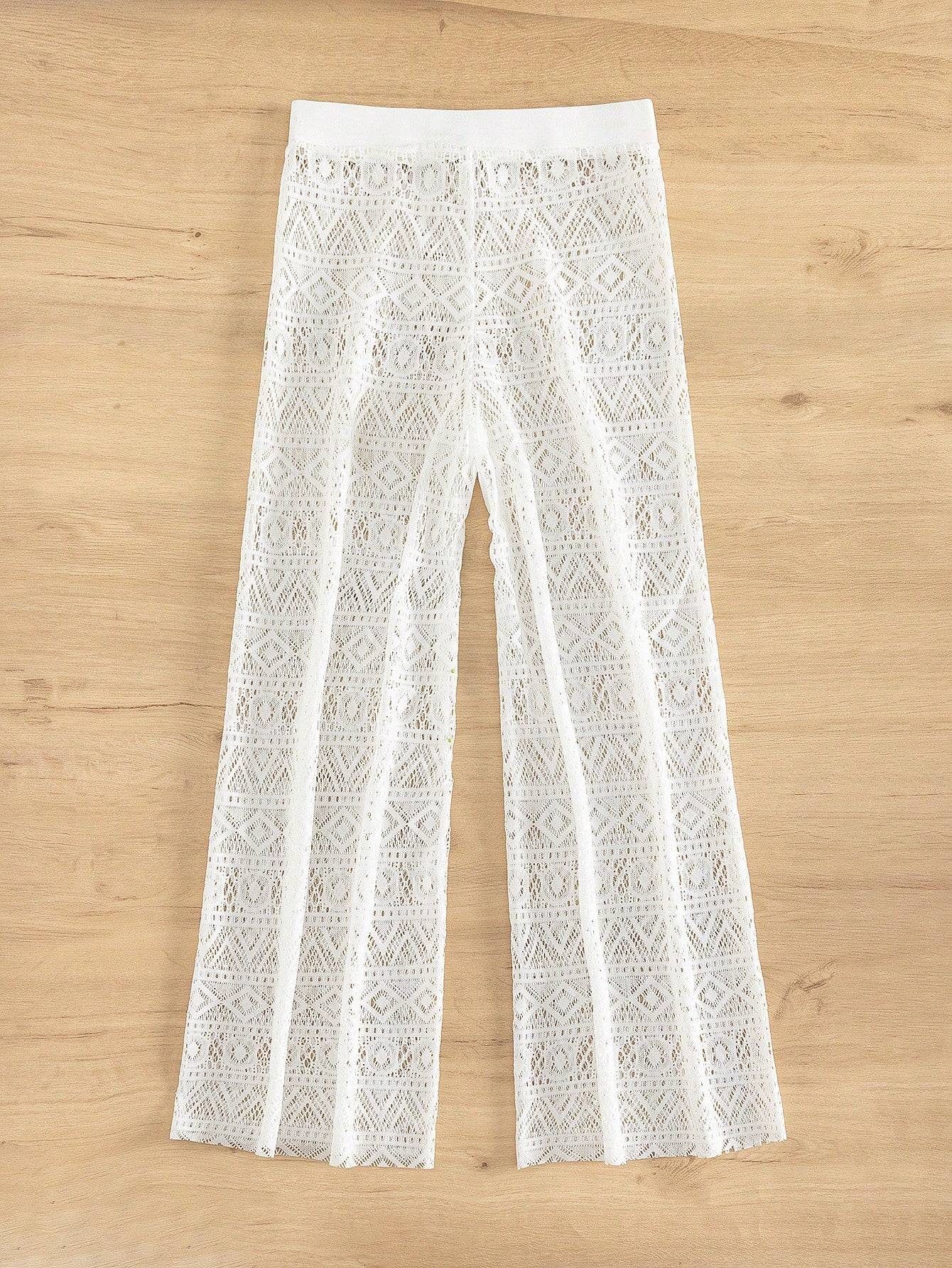 Bonvoyette Summer Women's White High Waist Trousers Beach Hollow Drawstring Waist Sexy Trousers Cover Up