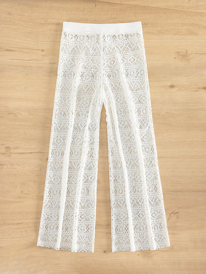 Bonvoyette Summer Women's White High Waist Trousers Beach Hollow Drawstring Waist Sexy Trousers Cover Up
