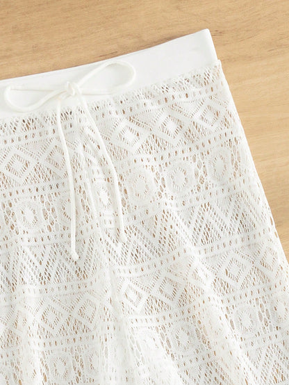 Bonvoyette Summer Women's White High Waist Trousers Beach Hollow Drawstring Waist Sexy Trousers Cover Up