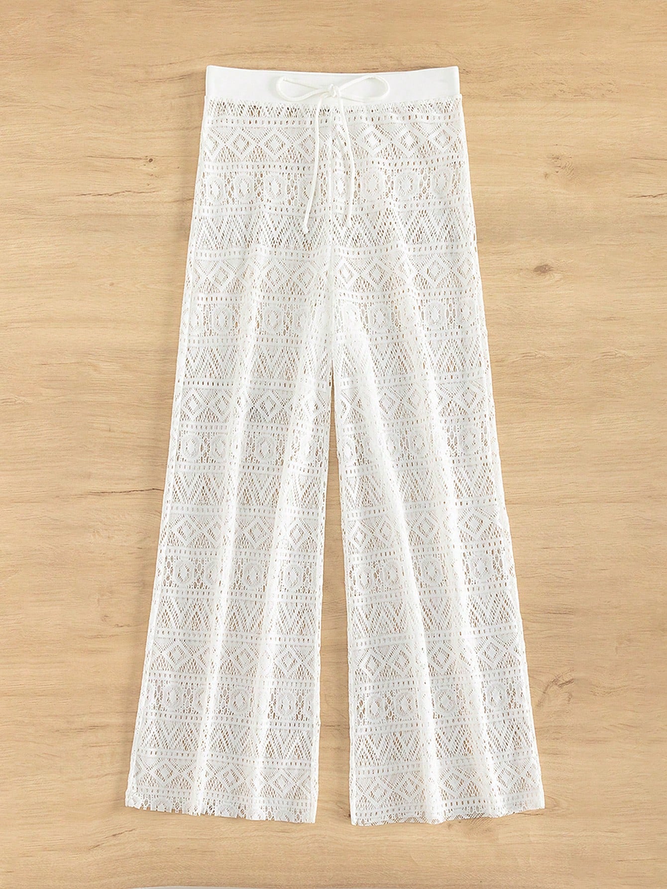 Bonvoyette Summer Women's White High Waist Trousers Beach Hollow Drawstring Waist Sexy Trousers Cover Up