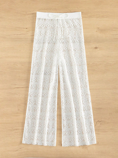 Bonvoyette Summer Women's White High Waist Trousers Beach Hollow Drawstring Waist Sexy Trousers Cover Up