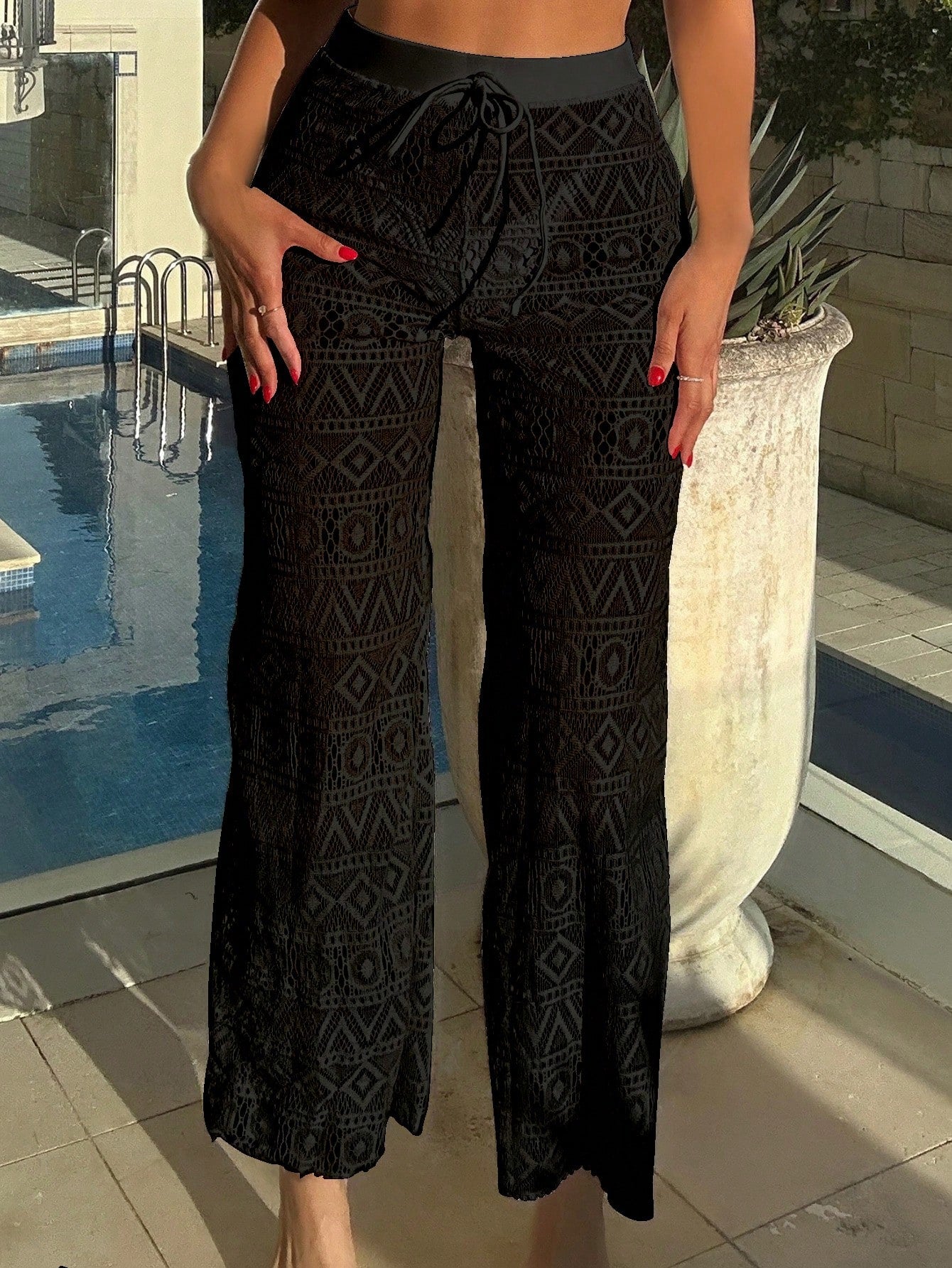 Bonvoyette Summer Women's White High Waist Trousers Beach Hollow Drawstring Waist Sexy Trousers Cover Up