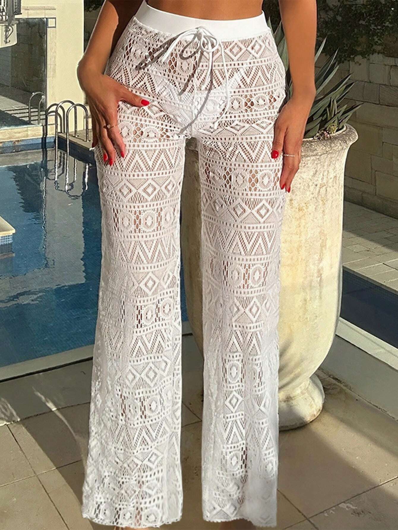 Bonvoyette Summer Women's White High Waist Trousers Beach Hollow Drawstring Waist Sexy Trousers Cover Up