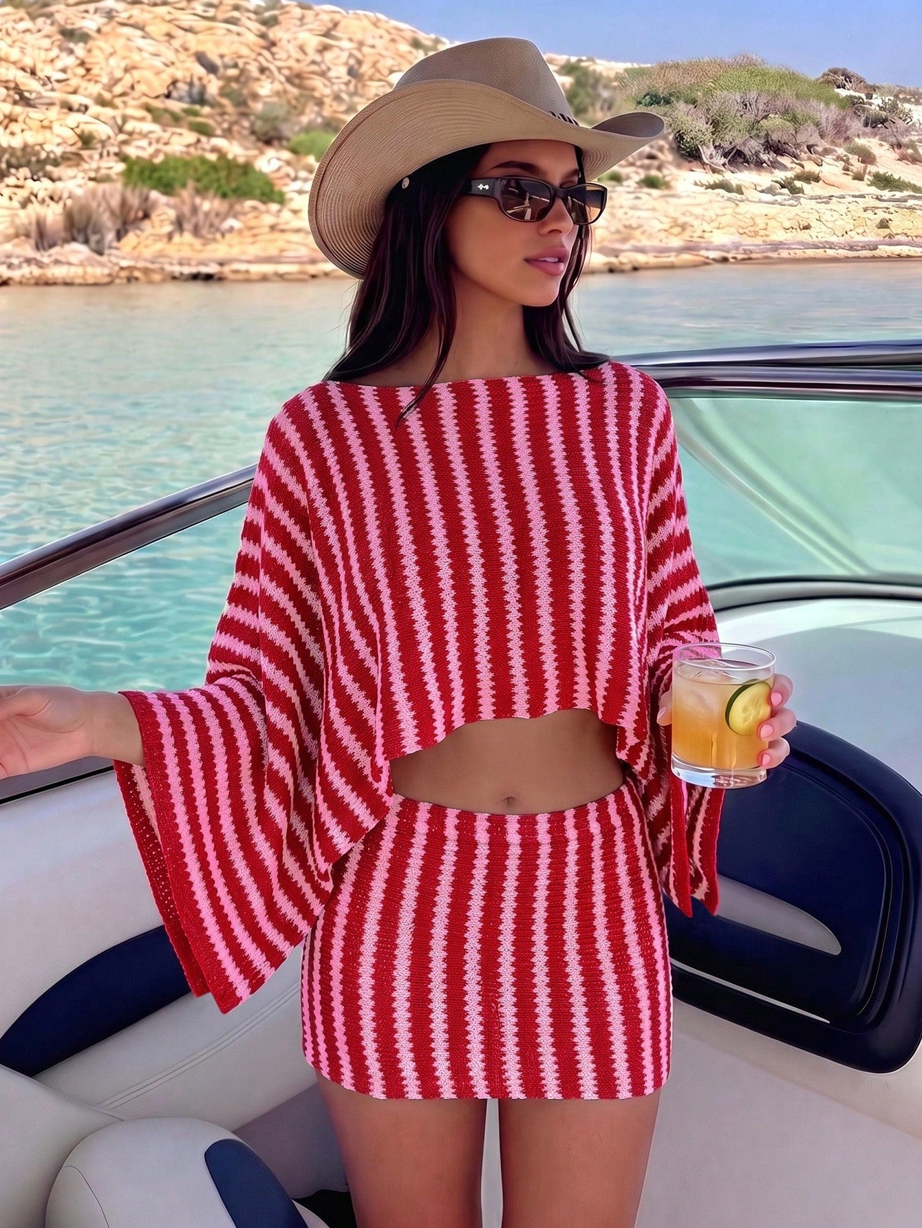 Bonvoyette Swim Chiccia Women's 2-Piece Y2K Sexy Oversized Off-Shoulder Long Sleeve Crop Top And Tight Low-Waist Mini Skirt, New Cross-Border Elegant Bohemian Vintage Striped Batwing Sleeve Swimwear C