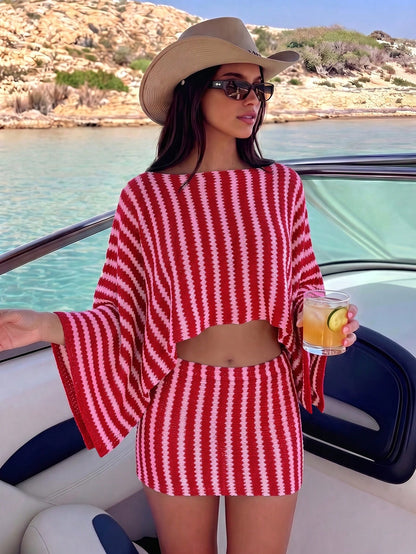 Bonvoyette Swim Chiccia Women's 2-Piece Y2K Sexy Oversized Off-Shoulder Long Sleeve Crop Top And Tight Low-Waist Mini Skirt, New Cross-Border Elegant Bohemian Vintage Striped Batwing Sleeve Swimwear C