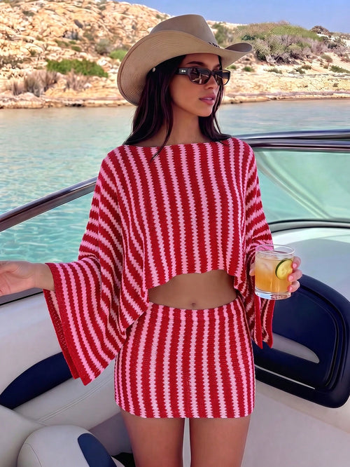 Bonvoyette Swim Chiccia Women's 2-Piece Y2K Sexy Oversized Off-Shoulder Long Sleeve Crop Top And Tight Low-Waist Mini Skirt, New Cross-Border Elegant Bohemian Vintage Striped Batwing Sleeve Swimwear C