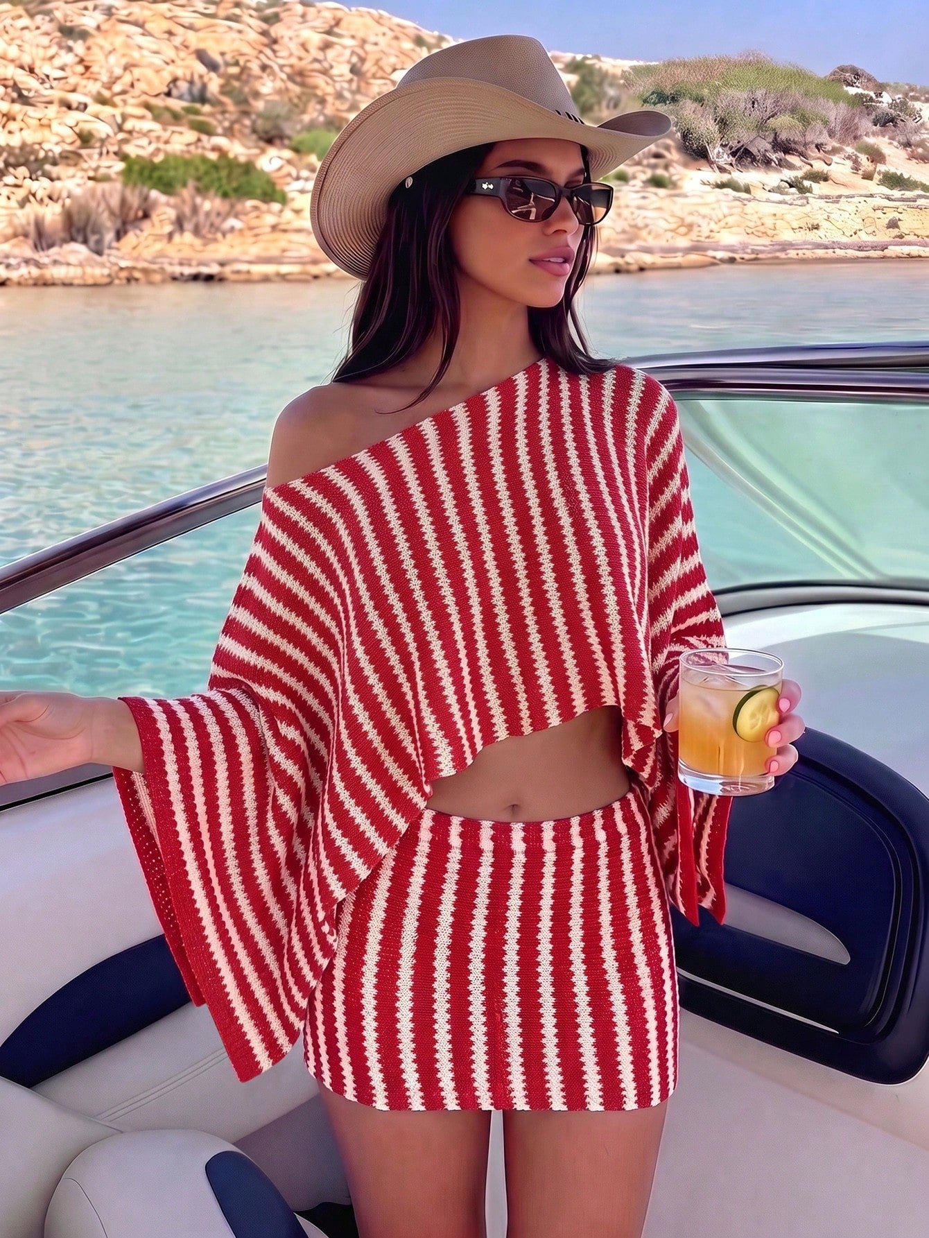 Bonvoyette Swim Chiccia Women's 2-Piece Y2K Sexy Oversized Off-Shoulder Long Sleeve Crop Top And Tight Low-Waist Mini Skirt, New Cross-Border Elegant Bohemian Vintage Striped Batwing Sleeve Swimwear C