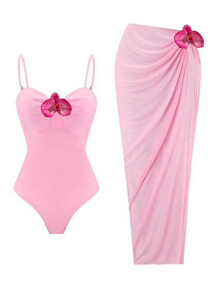 Bonvoyette Swim Oasis 2pcs Women's Summer Solid Color Spaghetti Strap Starfish Decor Long Skirt & One-Piece Swimsuit Set