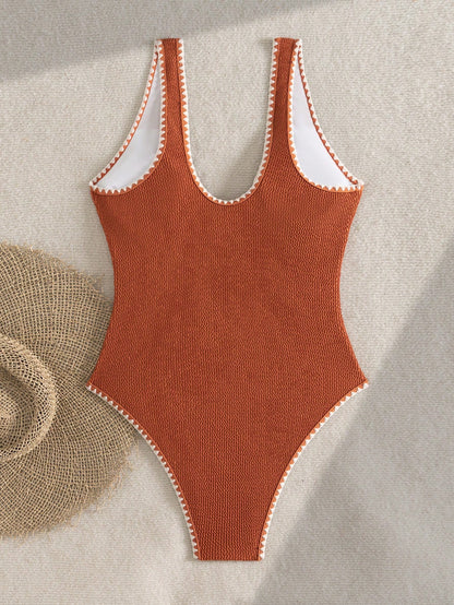 Bonvoyette Textured Orange One-Piece Swimwear With Shell & Contrast Trim,Brown,Summer,Boho,Sequin,Beach Vacation,Holiday,Elegant Bikini Bathing Suit For Women