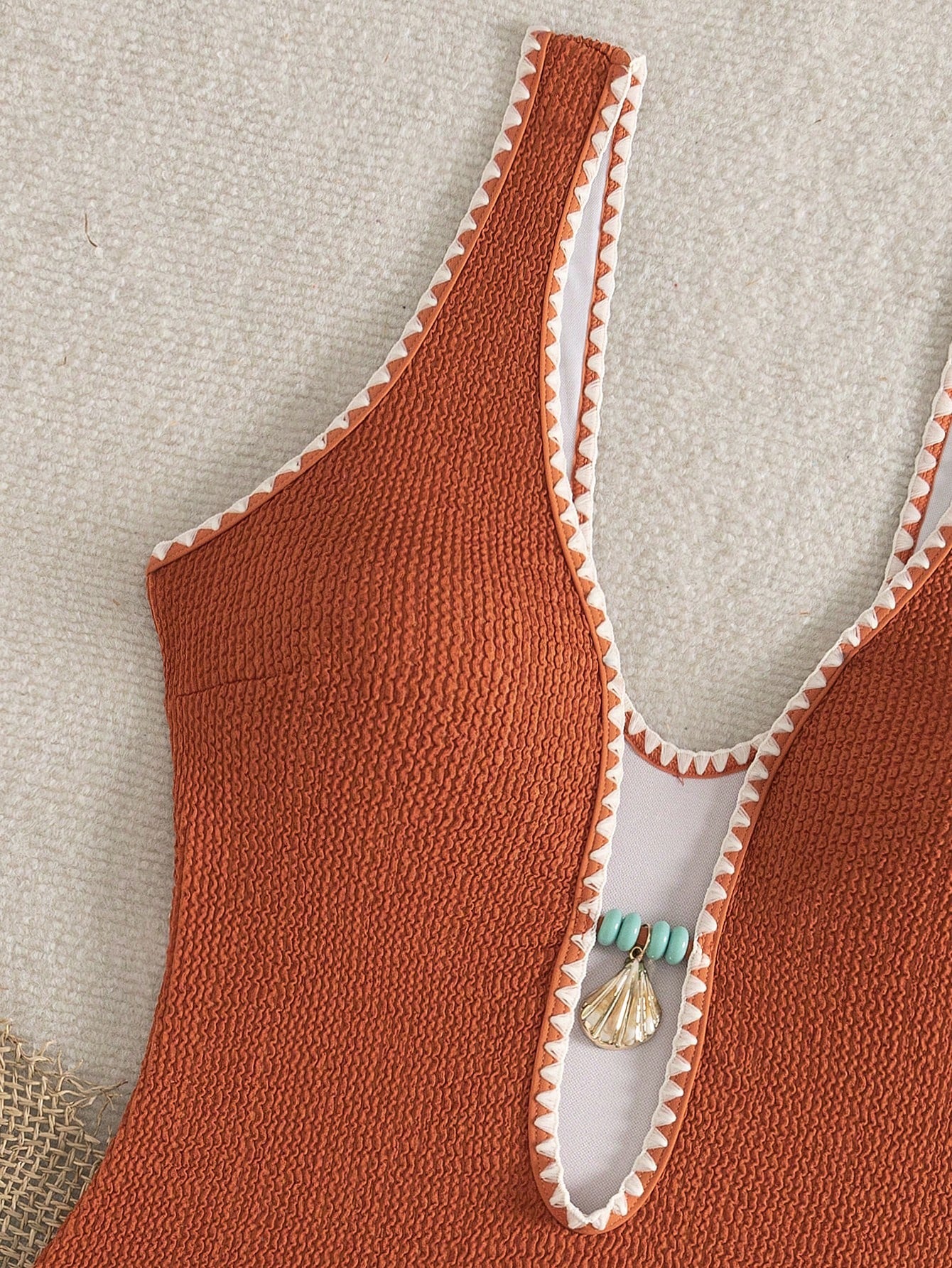 Bonvoyette Textured Orange One-Piece Swimwear With Shell & Contrast Trim,Brown,Summer,Boho,Sequin,Beach Vacation,Holiday,Elegant Bikini Bathing Suit For Women