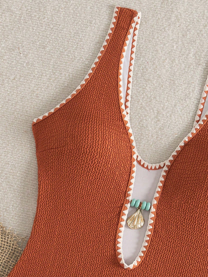 Bonvoyette Textured Orange One-Piece Swimwear With Shell & Contrast Trim,Brown,Summer,Boho,Sequin,Beach Vacation,Holiday,Elegant Bikini Bathing Suit For Women