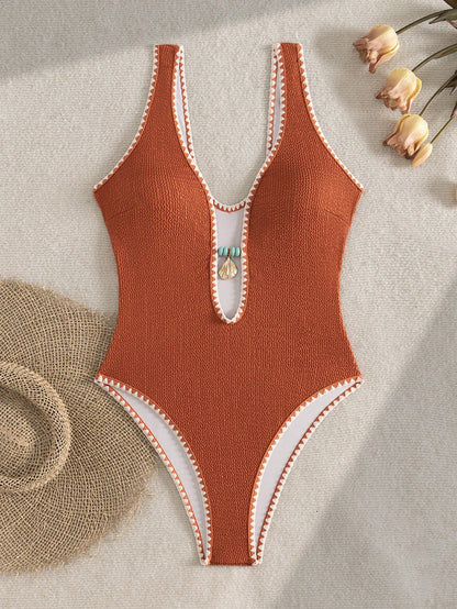 Bonvoyette Textured Orange One-Piece Swimwear With Shell & Contrast Trim,Brown,Summer,Boho,Sequin,Beach Vacation,Holiday,Elegant Bikini Bathing Suit For Women