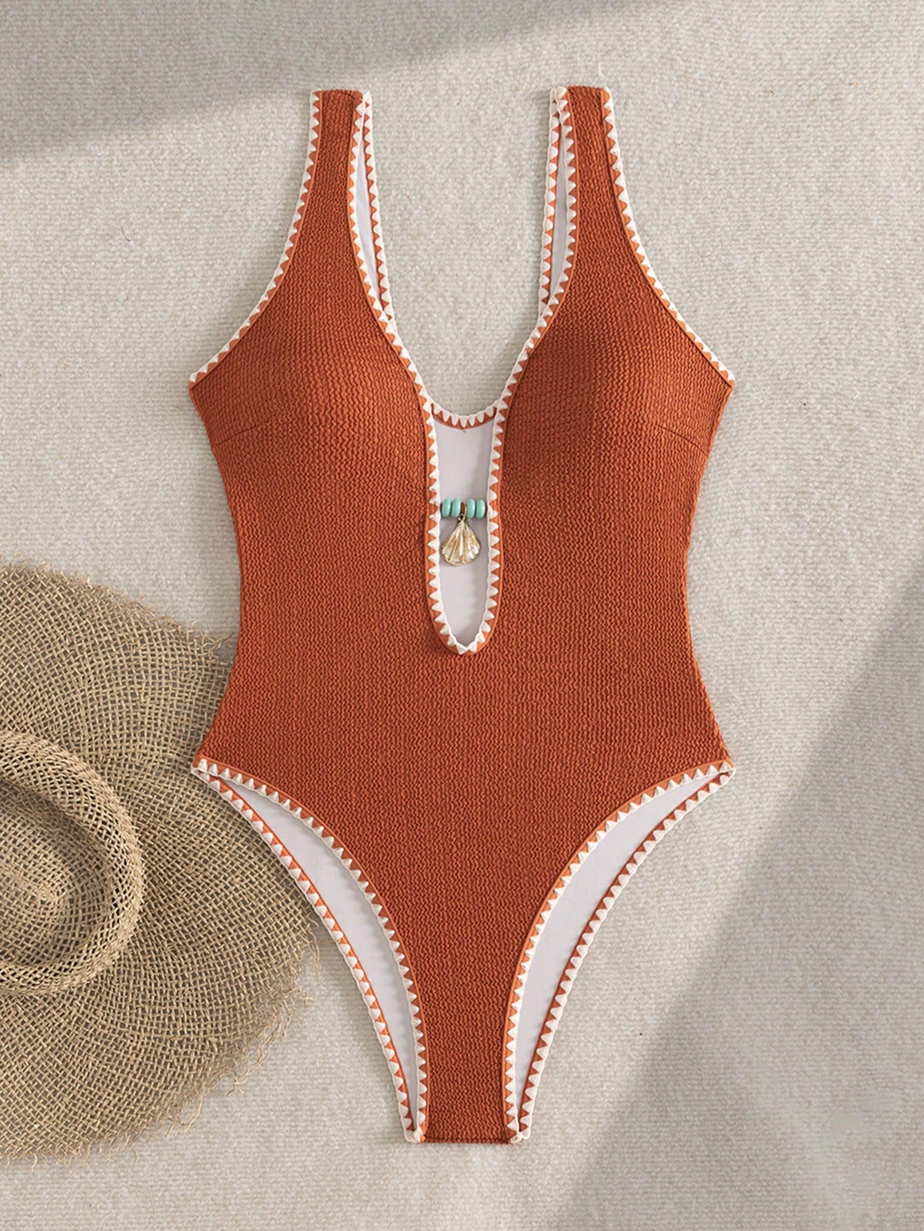 Bonvoyette Textured Orange One-Piece Swimwear With Shell & Contrast Trim,Brown,Summer,Boho,Sequin,Beach Vacation,Holiday,Elegant Bikini Bathing Suit For Women