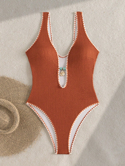 Bonvoyette Textured Orange One-Piece Swimwear With Shell & Contrast Trim,Brown,Summer,Boho,Sequin,Beach Vacation,Holiday,Elegant Bikini Bathing Suit For Women